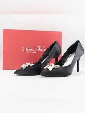 Roger Vivier Black Satin Jeweled Pointed-Toe Pumps
